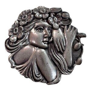 Elios 1990 Sterling over Pewter Art Deco Floral Woman Brooch Pin 2" Vtg Nouveau
